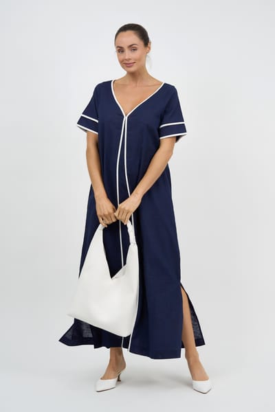 Contrast Maxi Linen Dress Navy Liberty Rose