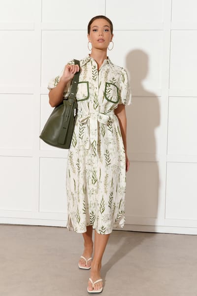 Pocket Front Linen Dress Green adorne