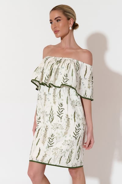 Off Shoulder Frill Dress Green adorne