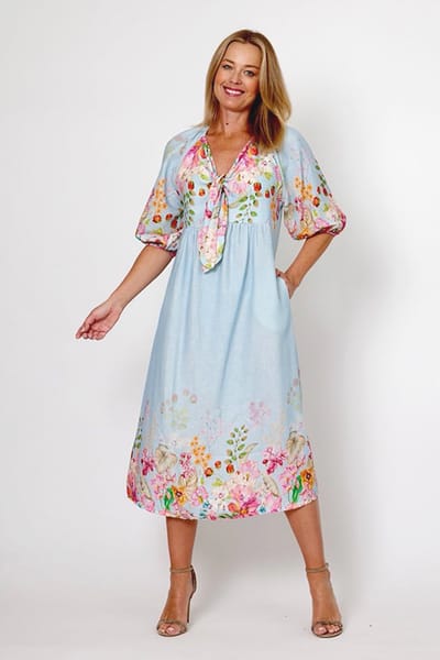 Tie Front Linen Dress Blue La Strada