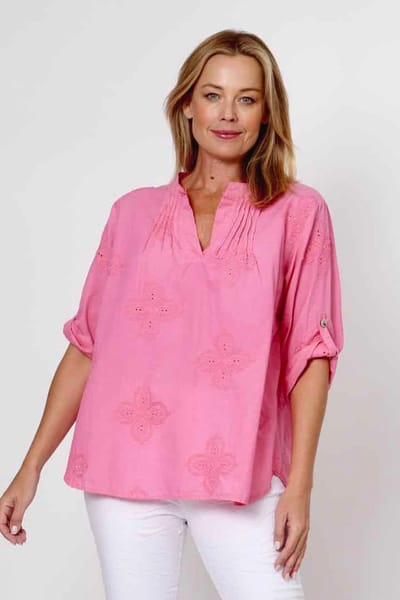 Cotton Embroidered Top Pink La Strada