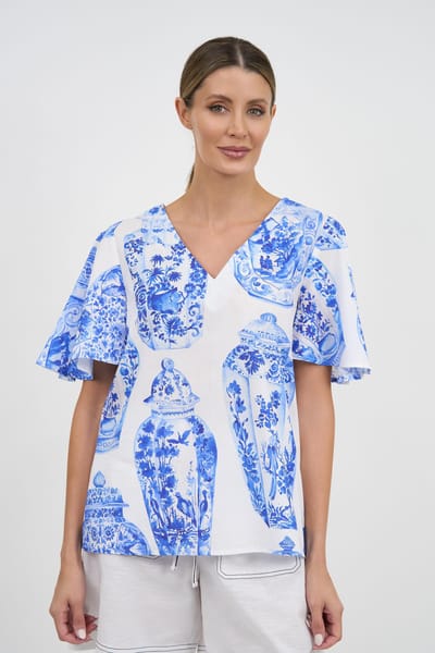 Flute Sleeve Cotton Top Blue Liberty Rose