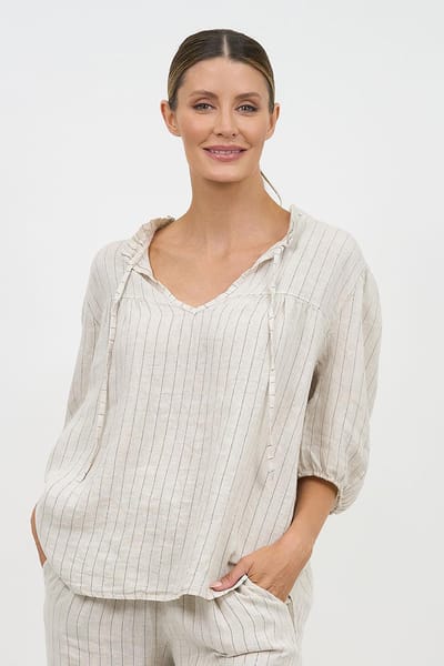 Tie Frill Collar Top Beige La Strada