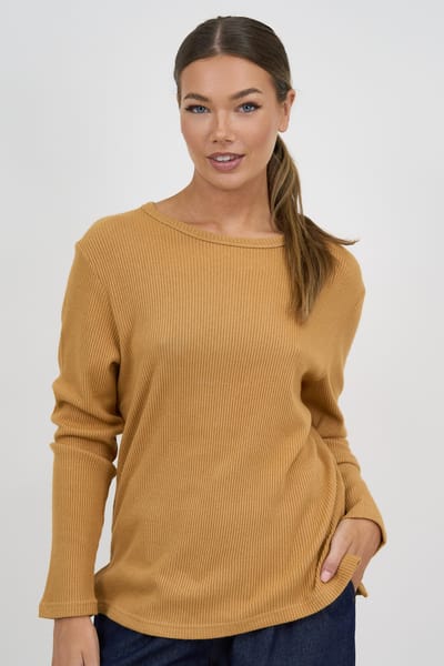 Metallic Ribbed Knit Top Camel Liberty Rose