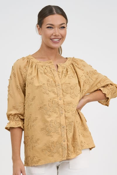 Relaxed Embroidered Shirt Camel Liberty Rose