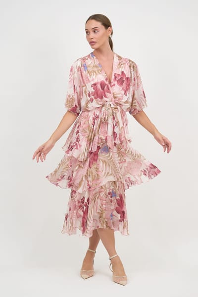 Silk Blend Tier Layer Dress Ivory La Strada