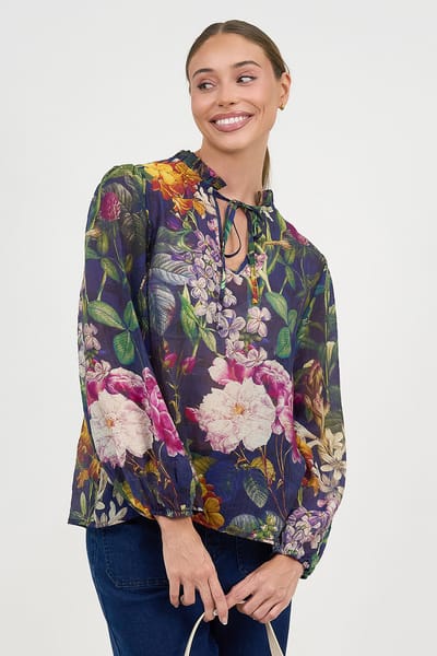 Frill Neck Tie Top Navy Liberty Rose