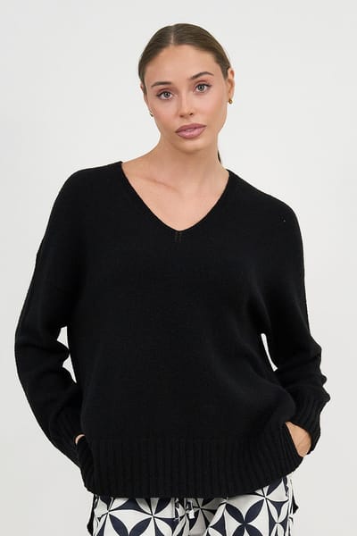 Vee Neck Ribbed Knit Black La Strada