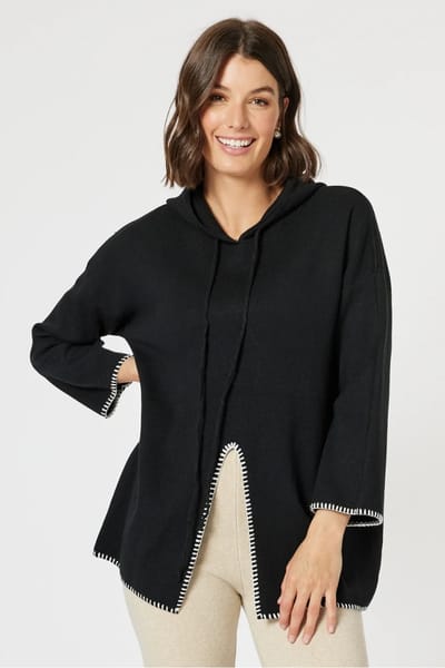 Hooded Split Front Knit Black Clarity by Threadz