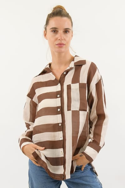 Striped Sheer Linen Shirt Chocolate Worthier