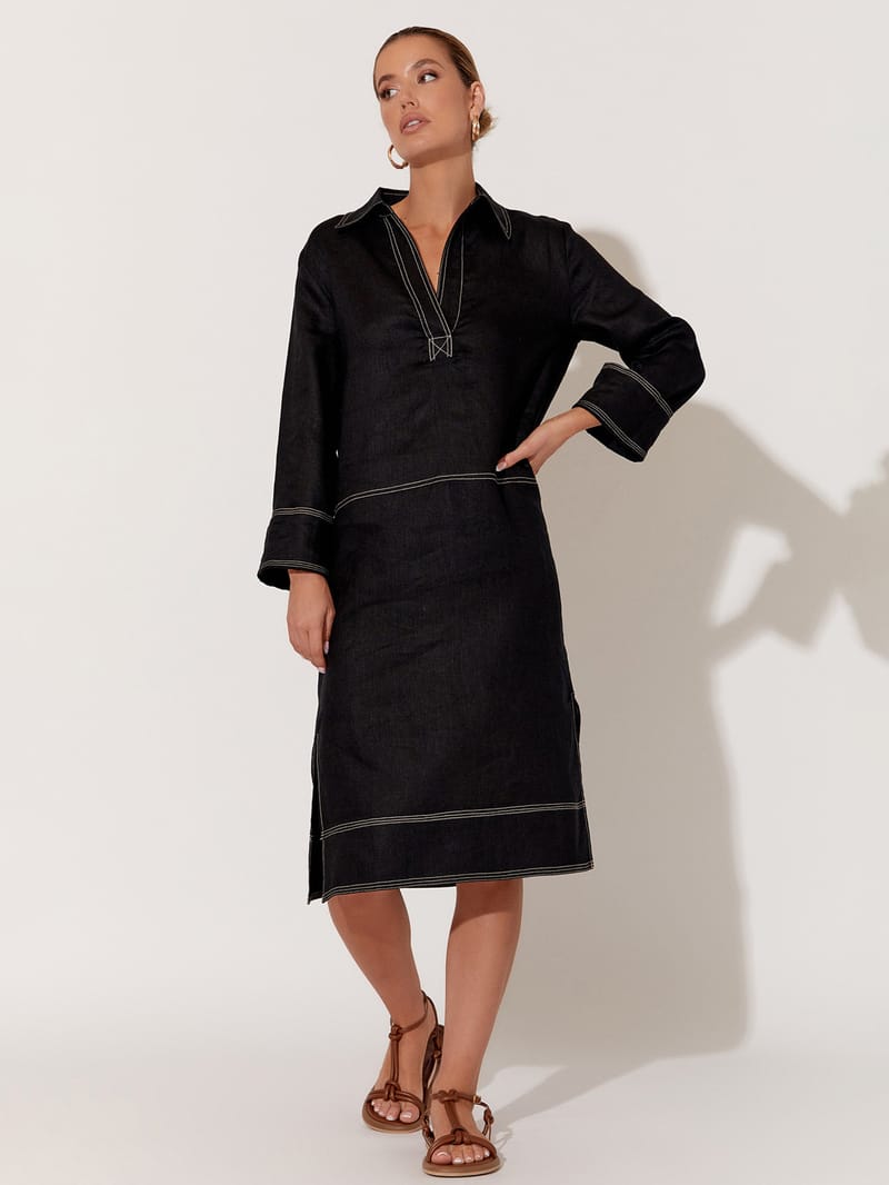 Stitch Detail Linen Dress Black adorne