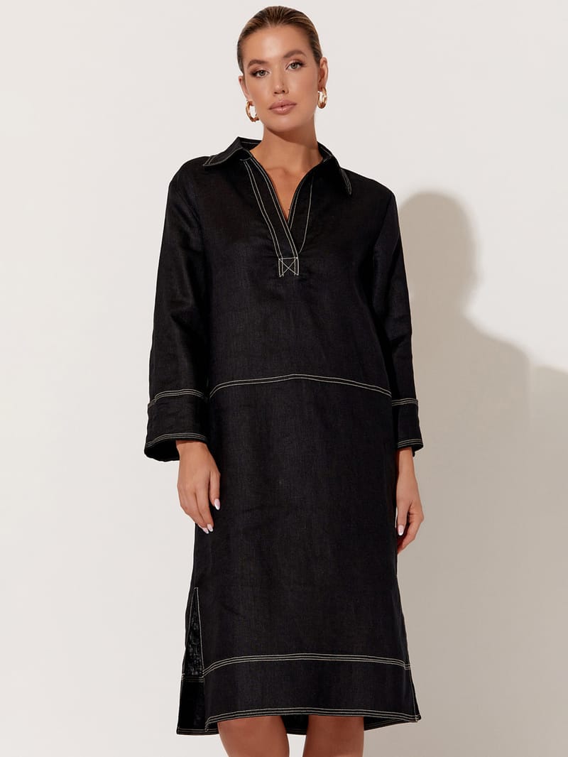 Stitch Detail Linen Dress Black adorne