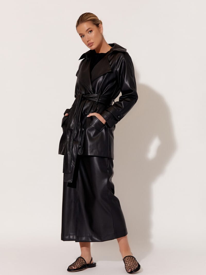 Faux Leather Wrap Coat Black adorne