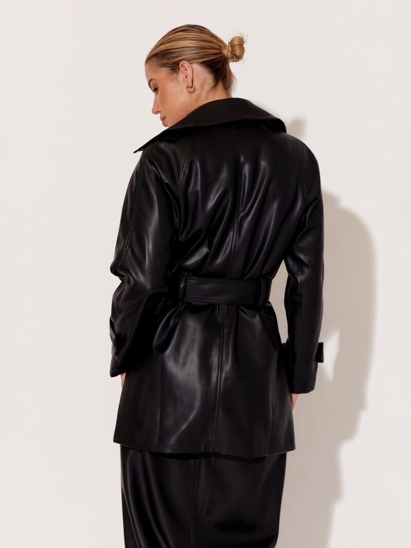 Faux Leather Wrap Coat Black adorne