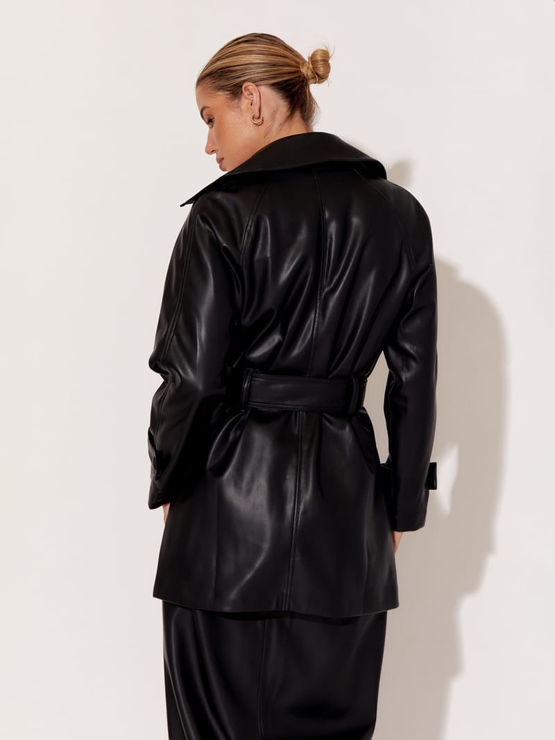 Faux Leather Wrap Coat Black adorne