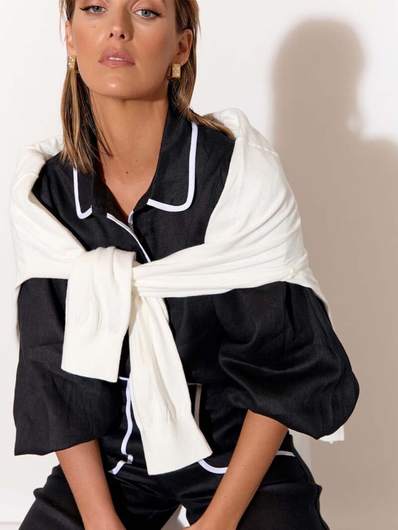 Contrast Trim Linen Shirt Black adorne