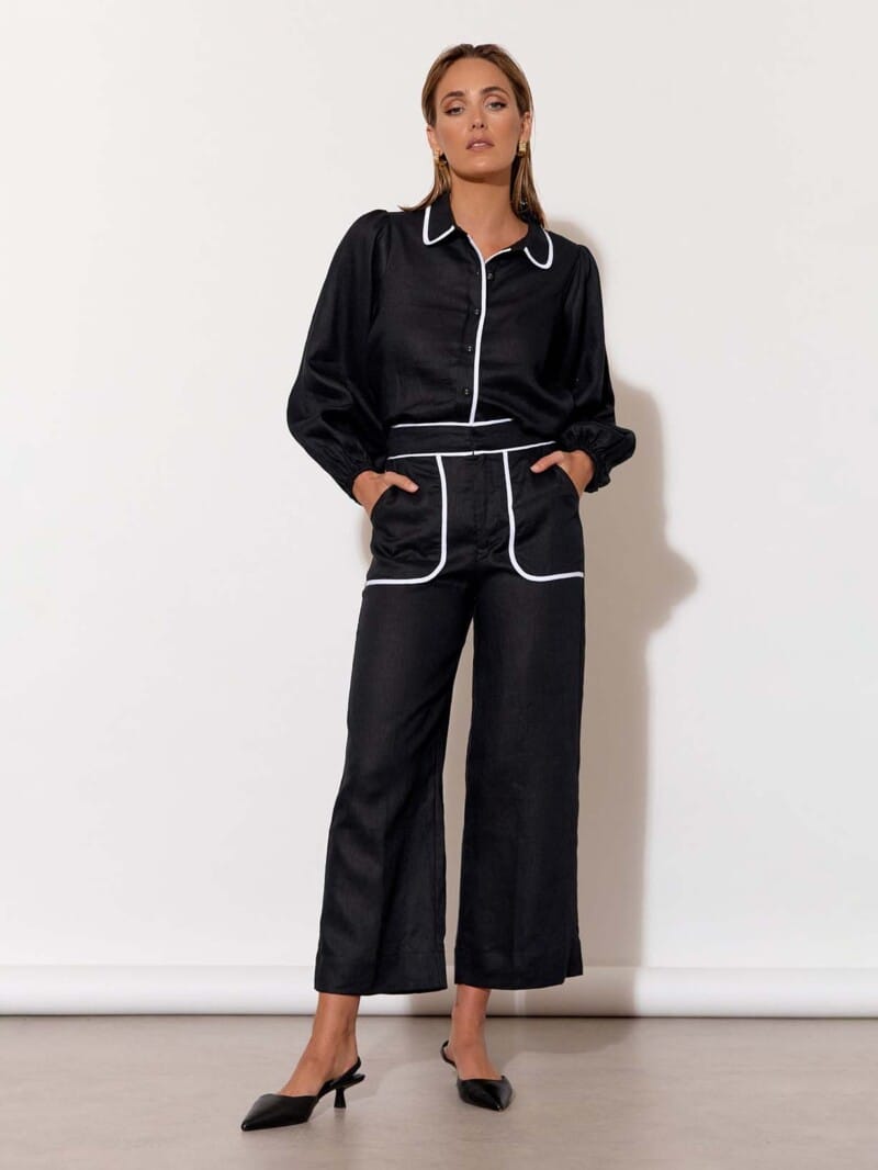 Contrast Trim Linen Shirt Black adorne