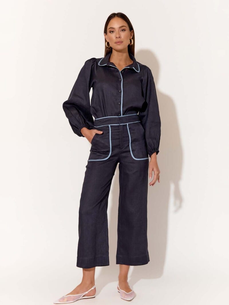 Contrast Trim Linen Pant Navy adorne