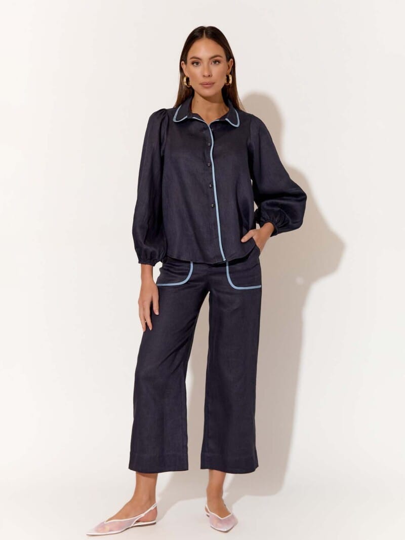 Contrast Trim Linen Pant Navy adorne