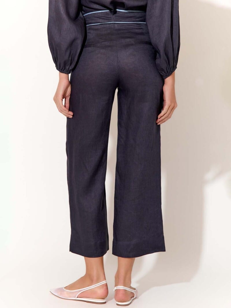 Contrast Trim Linen Pant Navy adorne