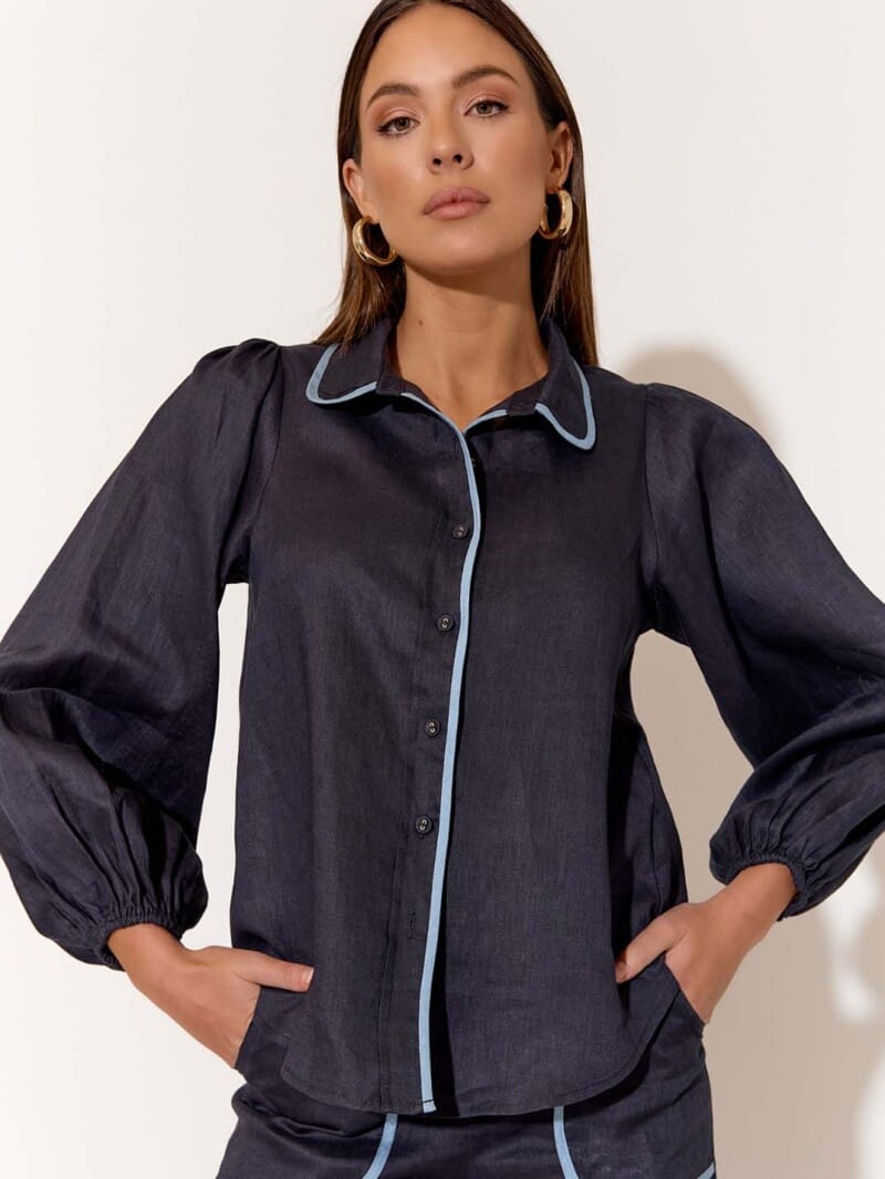 Contrast Trim Linen Shirt Navy adorne