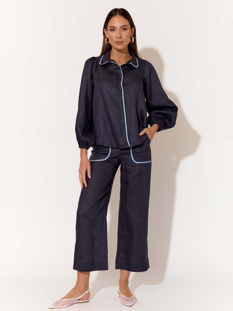 Contrast Trim Linen Shirt Navy adorne