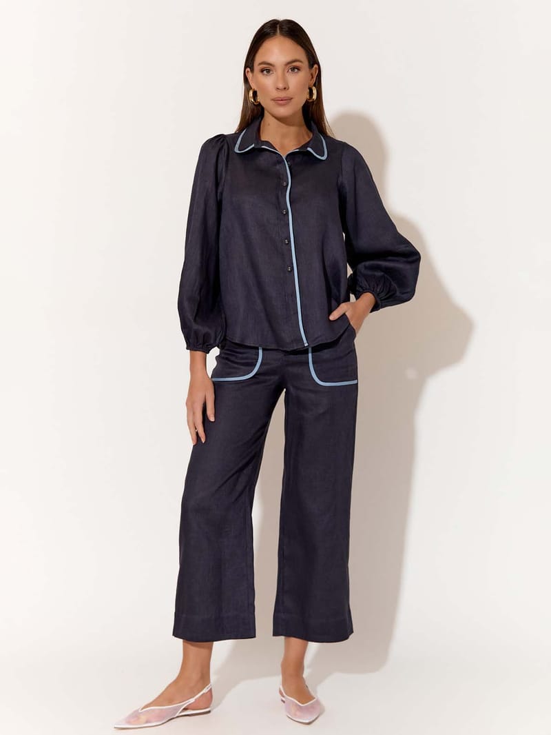Contrast Trim Linen Shirt Navy adorne