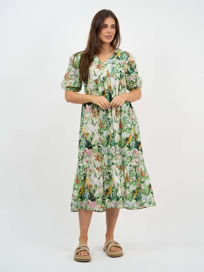V Neck Gathered Dress Green Liberty Rose
