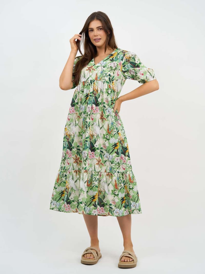 V Neck Gathered Dress Green Liberty Rose