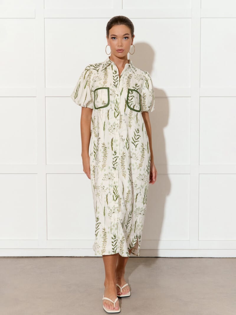 Pocket Front Linen Dress Green adorne