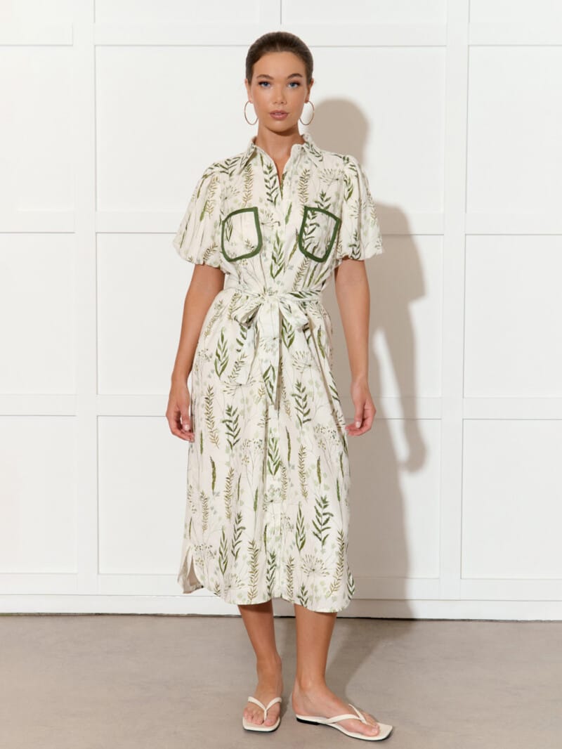 Pocket Front Linen Dress Green adorne