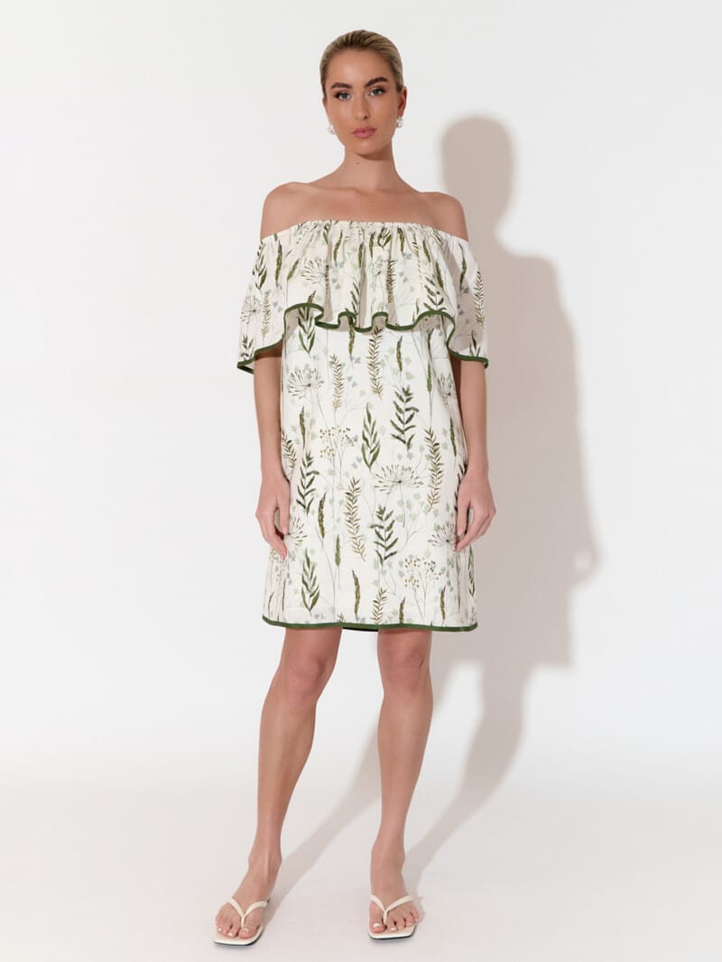 Off Shoulder Frill Dress Green adorne