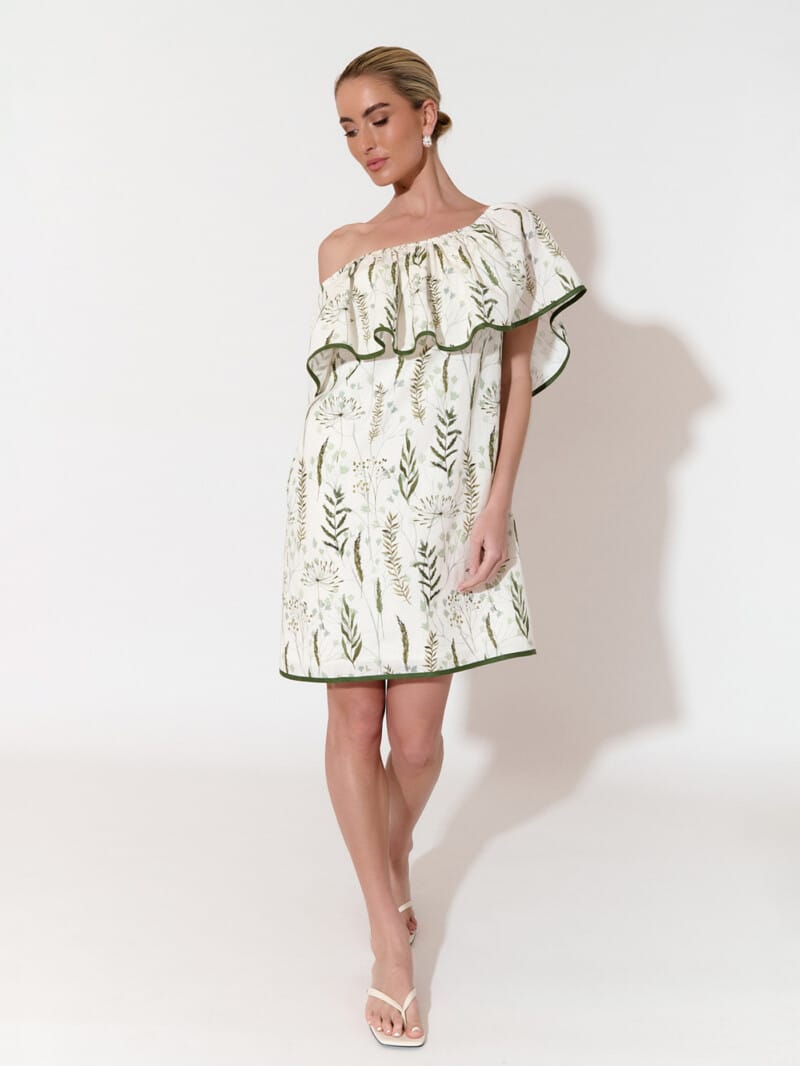 Off Shoulder Frill Dress Green adorne