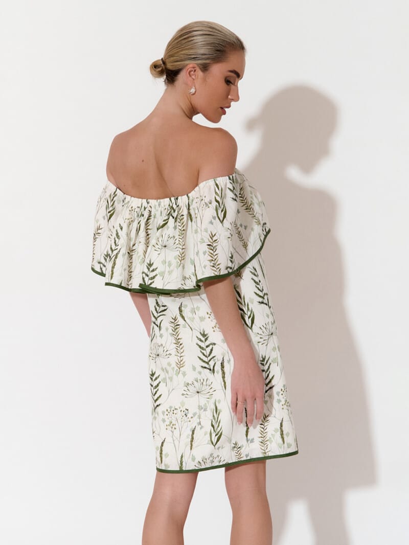 Off Shoulder Frill Dress Green adorne