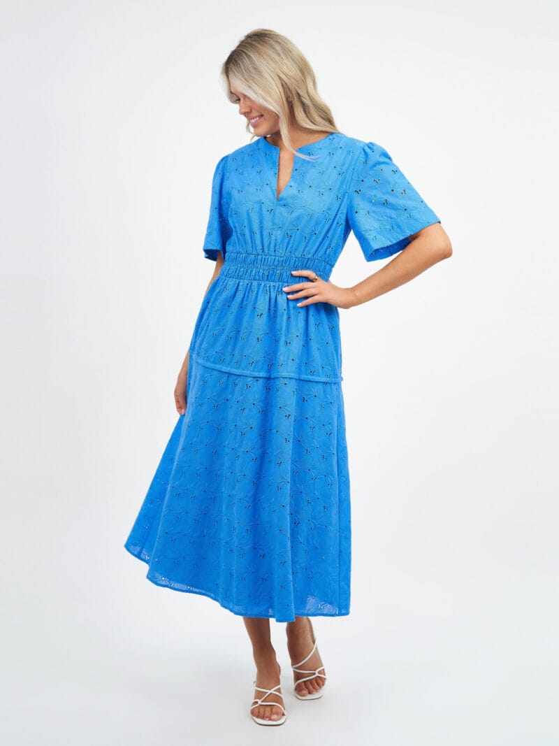 Shirred Waist Broderie Dress Royal Blue Liberty Rose