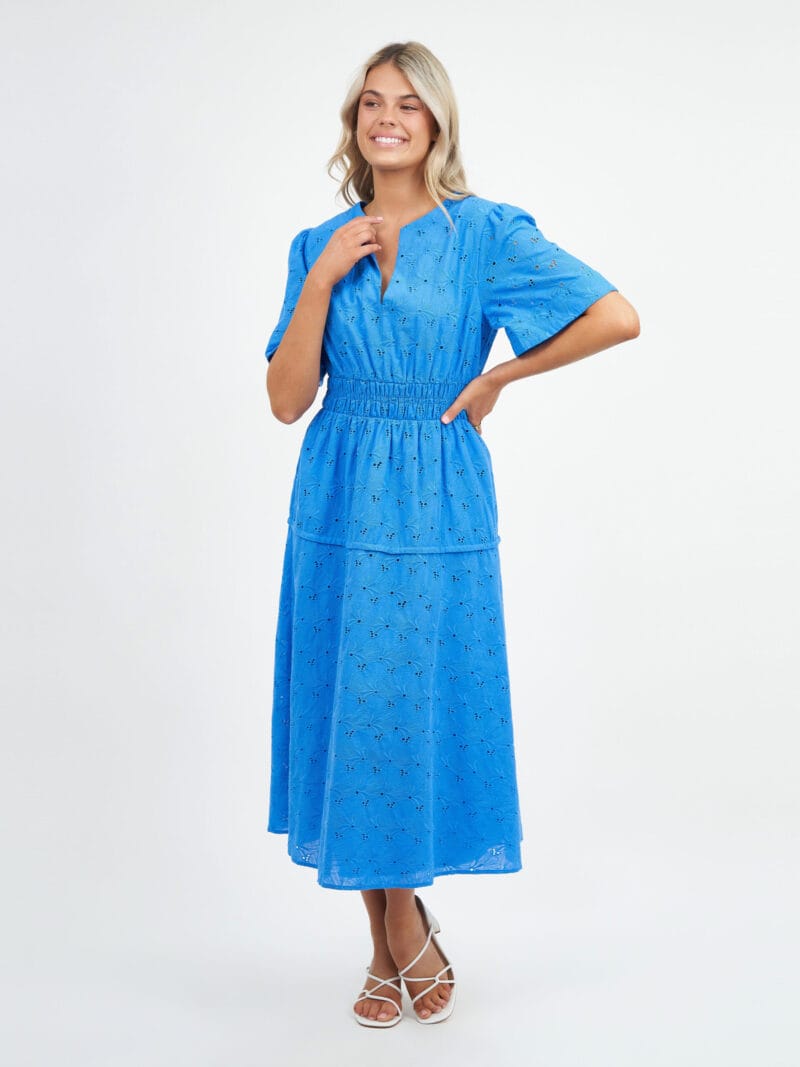 Shirred Waist Broderie Dress Royal Blue Liberty Rose