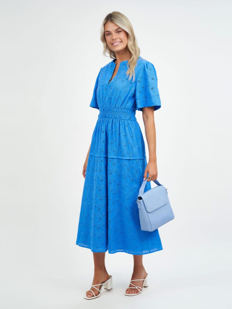 Shirred Waist Broderie Dress Royal Blue Liberty Rose