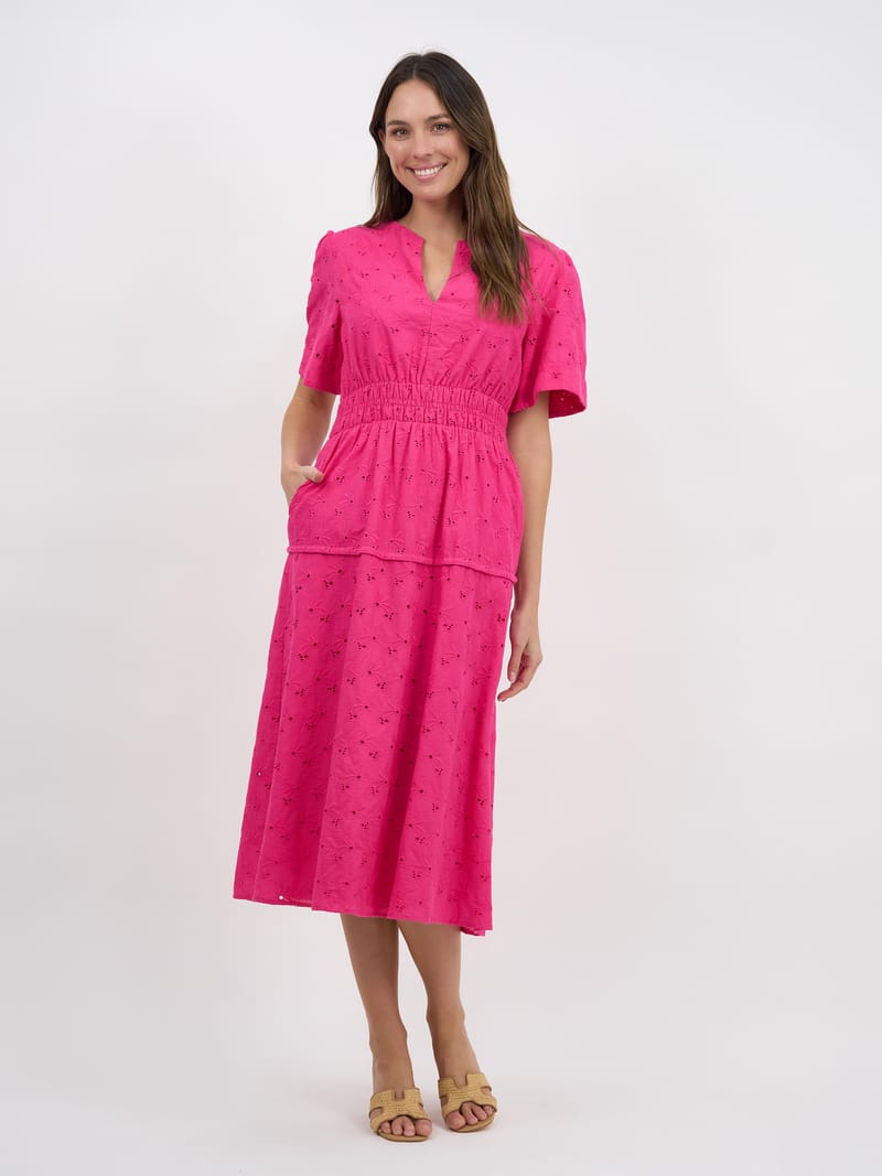 Shirred Waist Broderie Dress Pink Liberty Rose