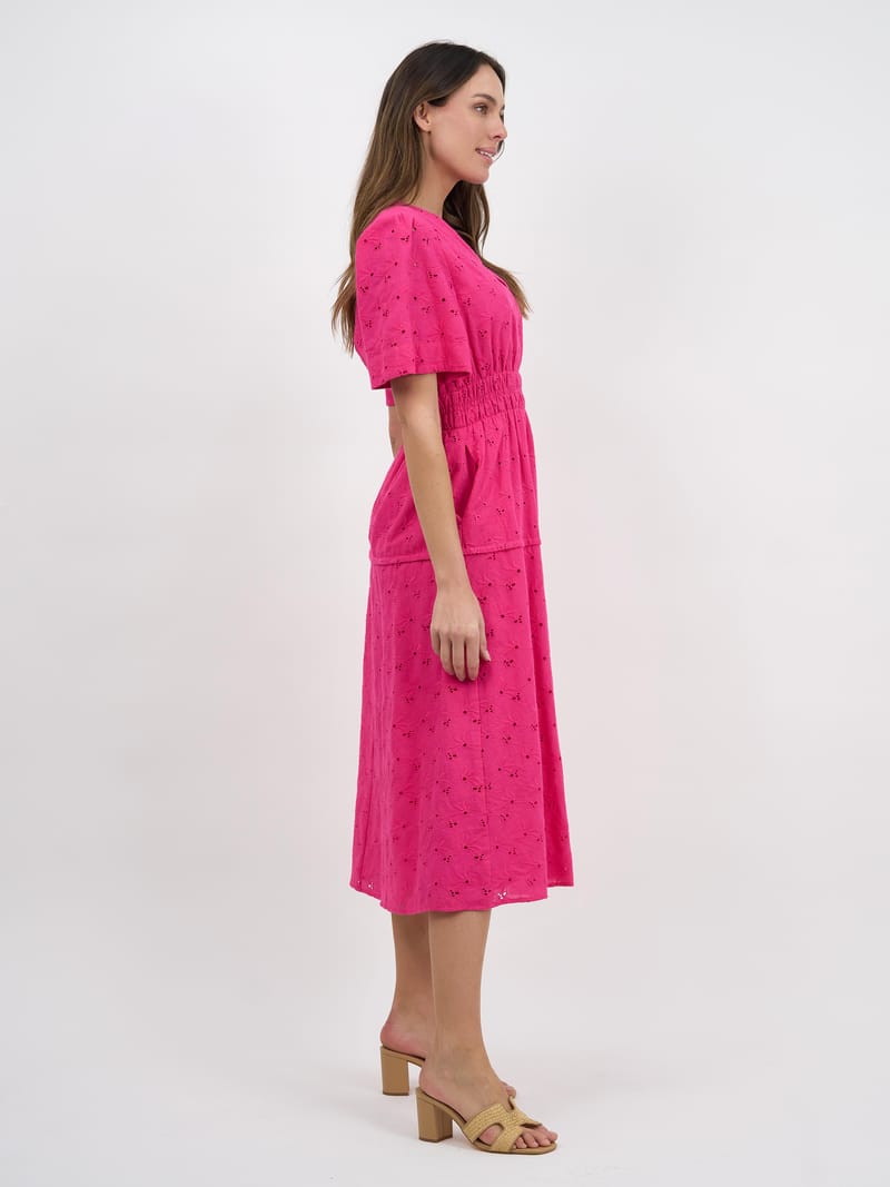 Shirred Waist Broderie Dress Pink Liberty Rose