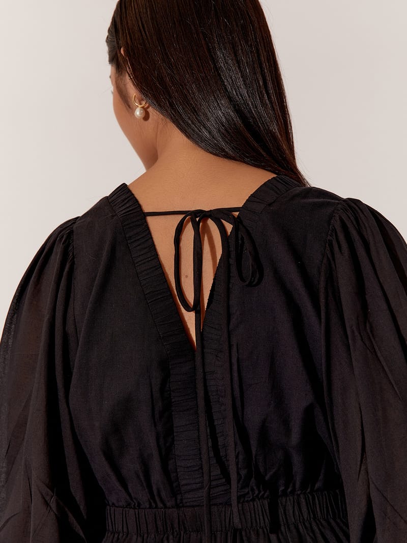 Gathered Neckline Midi Dress Black adorne
