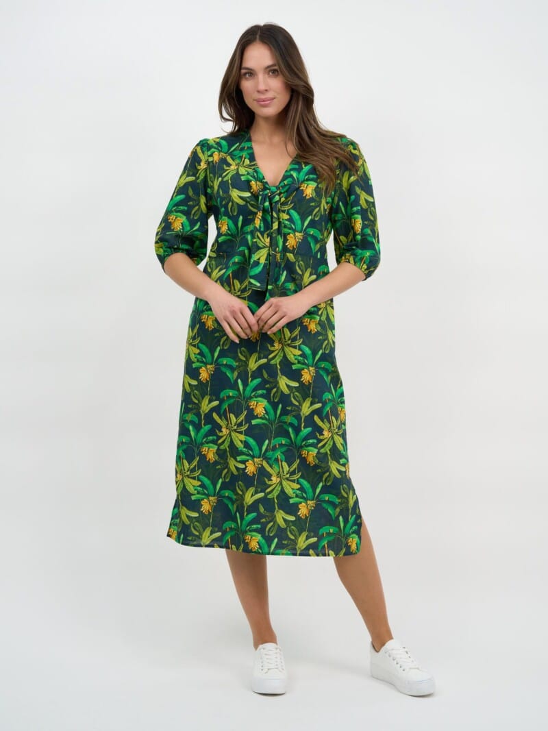 Tie Bust Linen Dress Green Liberty Rose