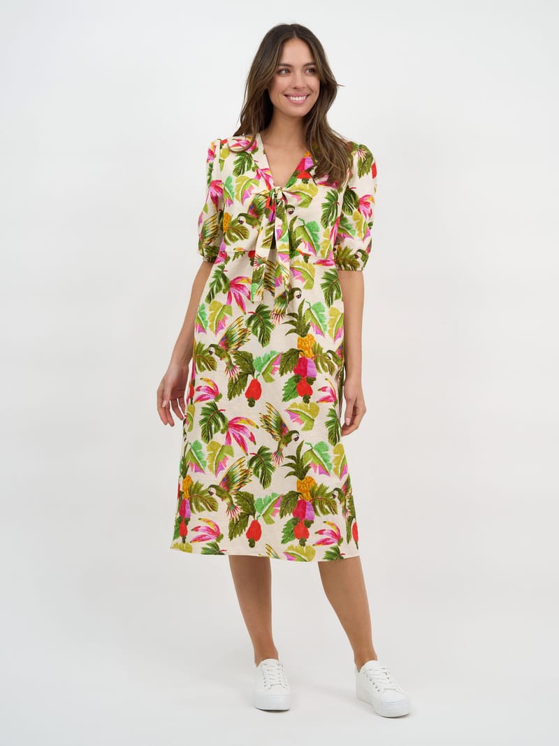Tie Bust Linen Dress Khaki Liberty Rose