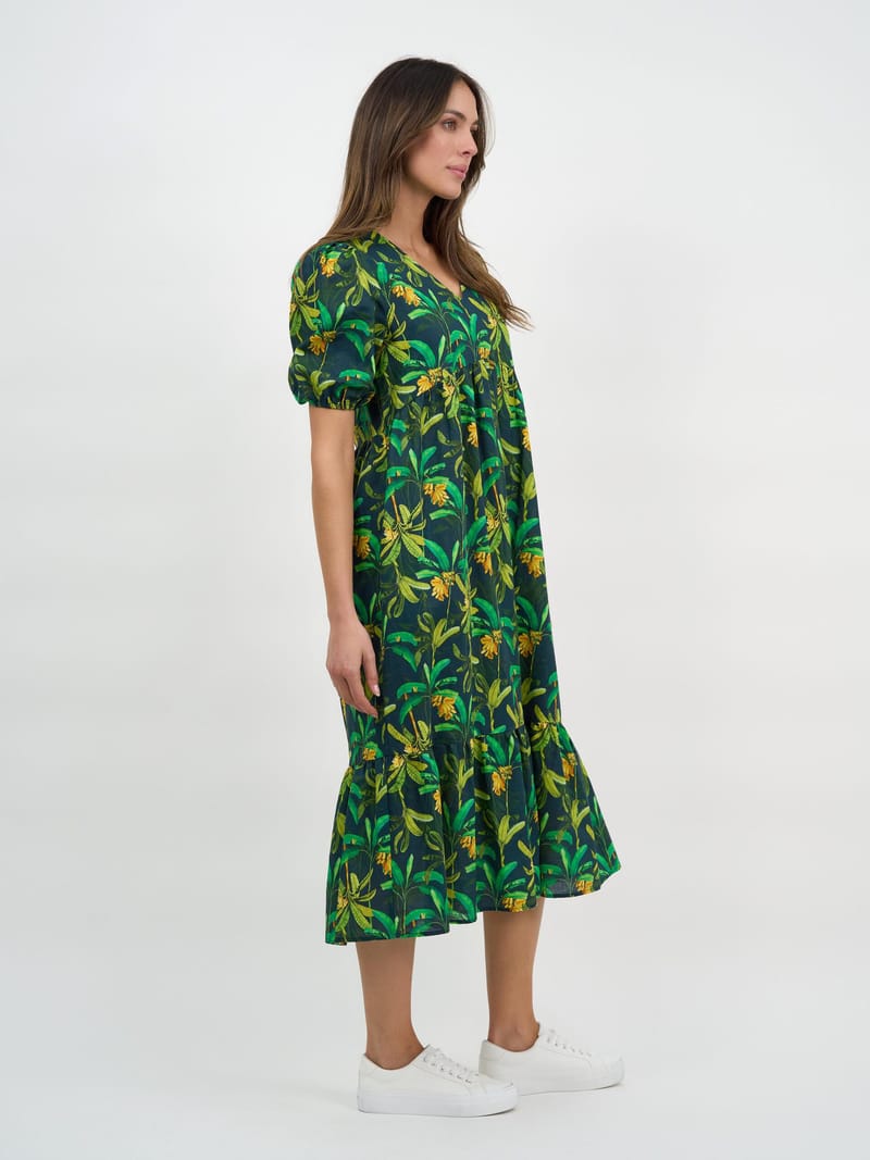 Puff Sleeve Linen Dress Green Liberty Rose