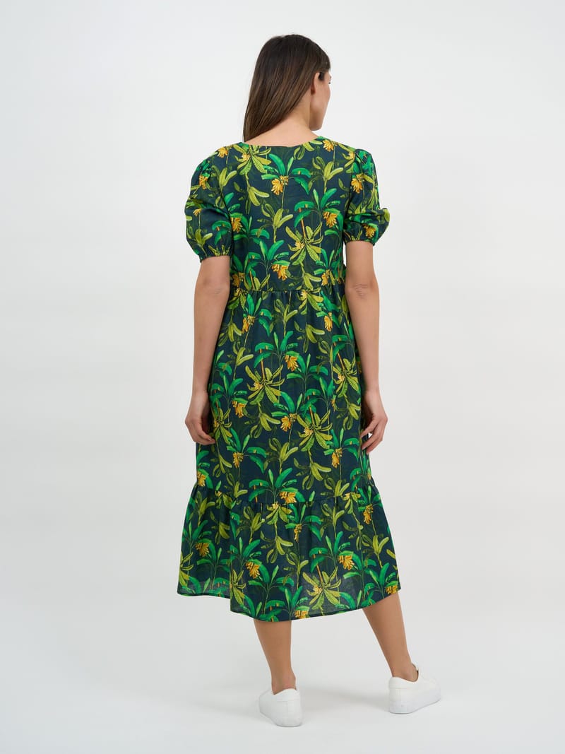 Puff Sleeve Linen Dress Green Liberty Rose