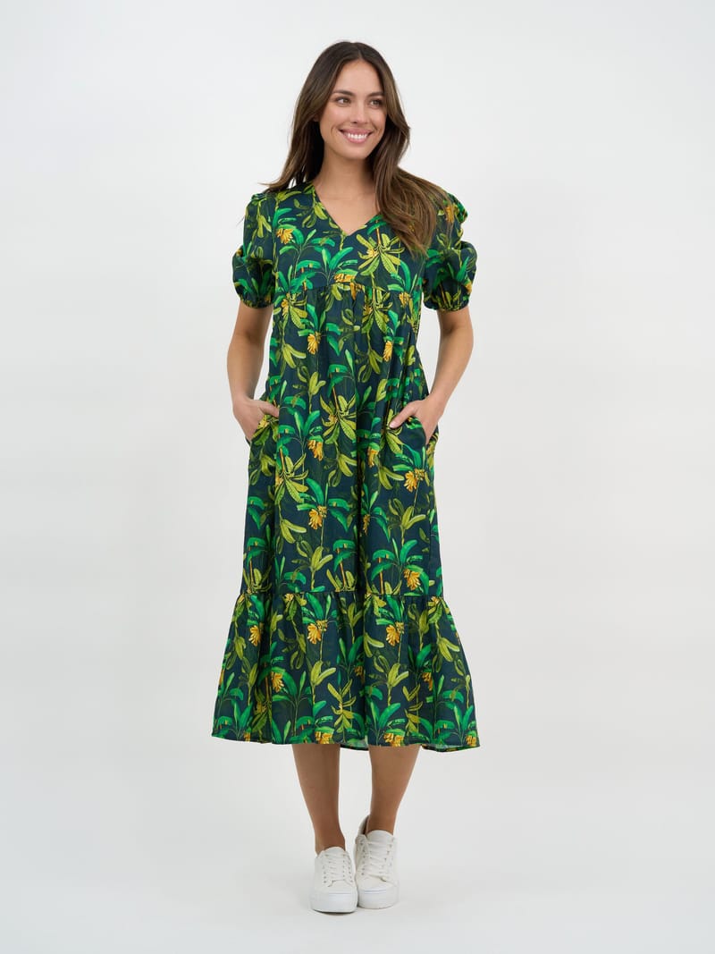 Puff Sleeve Linen Dress Green Liberty Rose