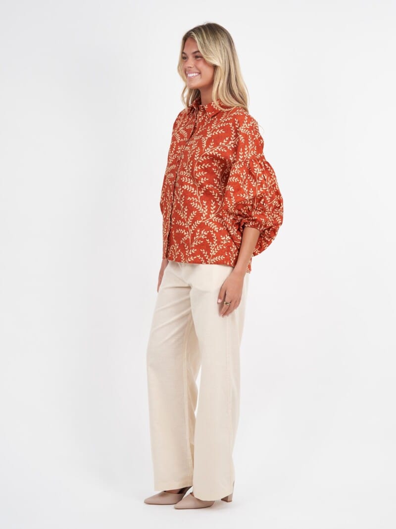 Linen Puff Sleeve Shirt Honey Brown Liberty Rose
