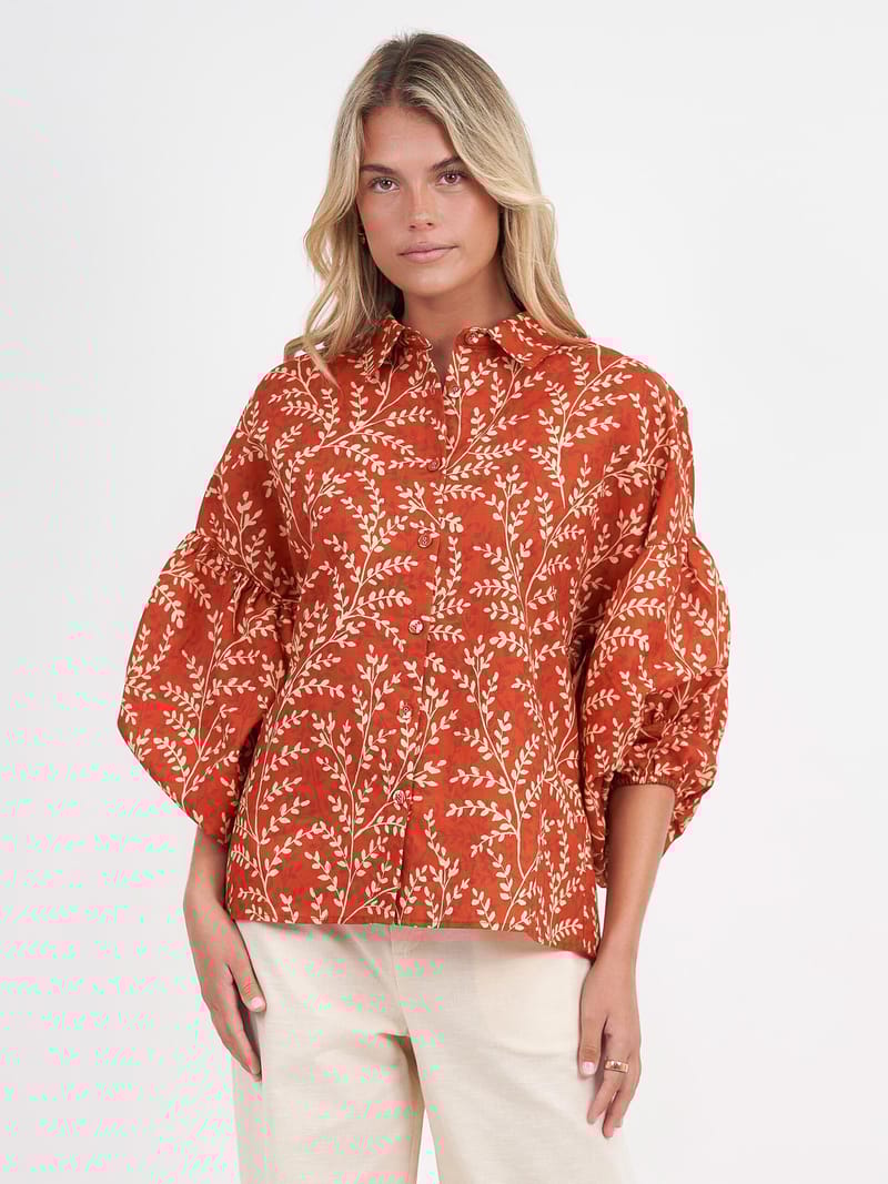 Linen Puff Sleeve Shirt Honey Brown Liberty Rose