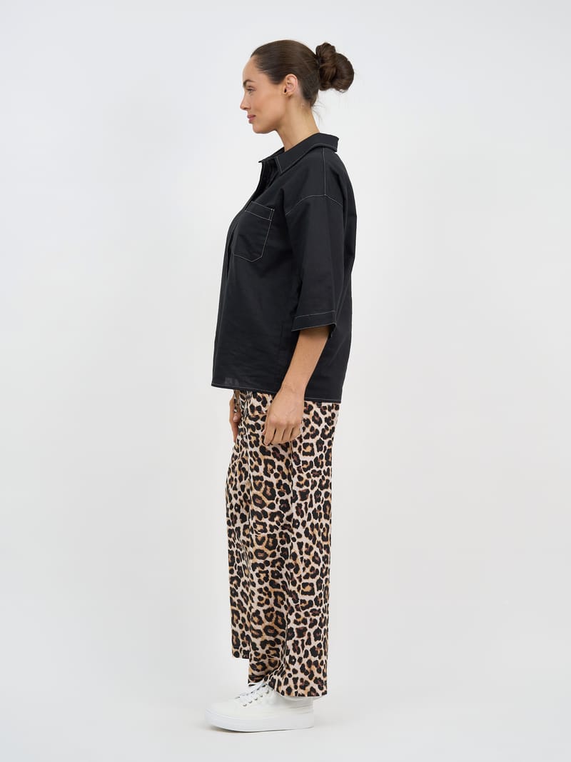 Stitch Detailed Linen Shirt Black Liberty Rose