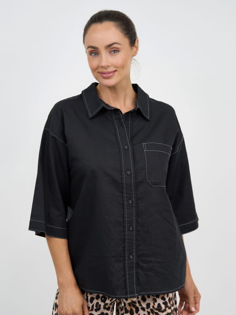 Stitch Detailed Linen Shirt Black Liberty Rose
