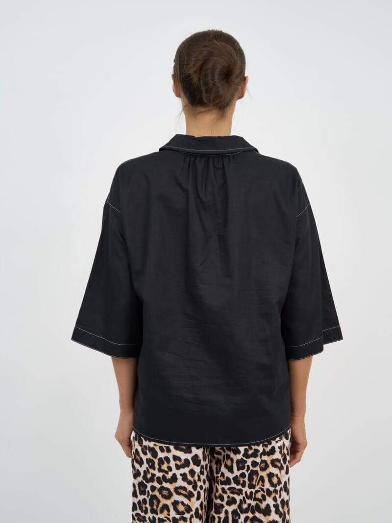 Stitch Detailed Linen Shirt Black Liberty Rose